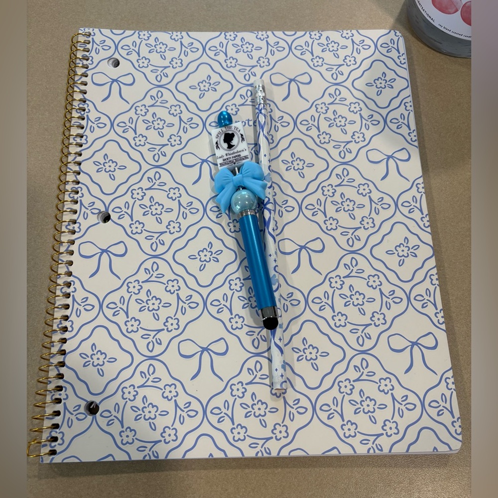 Blue Bow Notebook and Bridgerton Theme Beaded Pen Set New